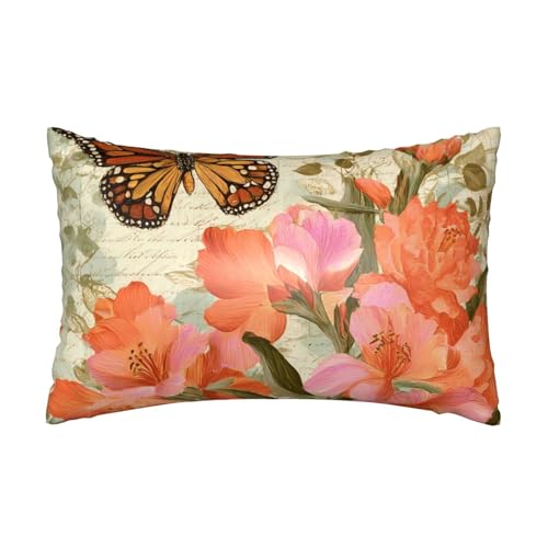 Satin-Kissenbezug, Blume, Schmetterling, seidige Kissenbezüge für Haar und Haut, mit Reißverschluss, Vintage-Stil, kühlender Kissenbezug für Bettwäsche, Wohnzimmer, Sofa, 50 x 75 cm
