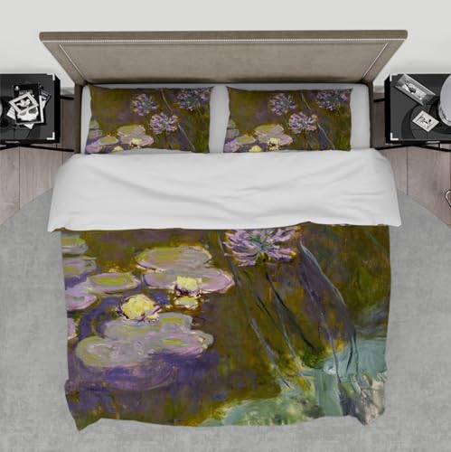 Lila Seerose Bettbezugsset Monet Art Twilight Floral Artistic Luxus Bettwäsche Set Weich Gewaschene Mikrofaser mit Reißverschluss 180x220 cm