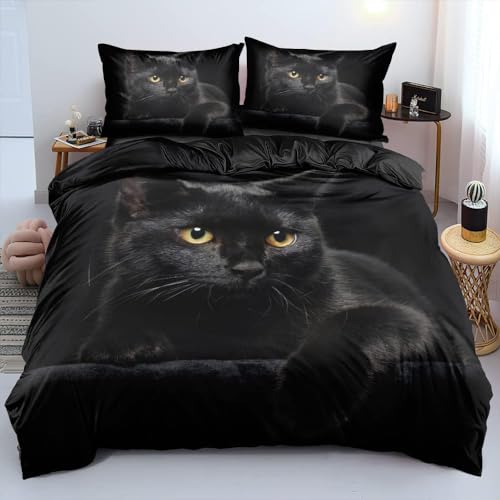 DXHOME Katzen Bettwäsche 135x200 3D Haustier Wendebettwäsche 2 teilig Flauschige Weich Schwarz Mikrofaser Bettwäsche Jugendliche Mädchen Jungen Einzelbett mit Reißverschluss und 80x80 cm Kissenbezug