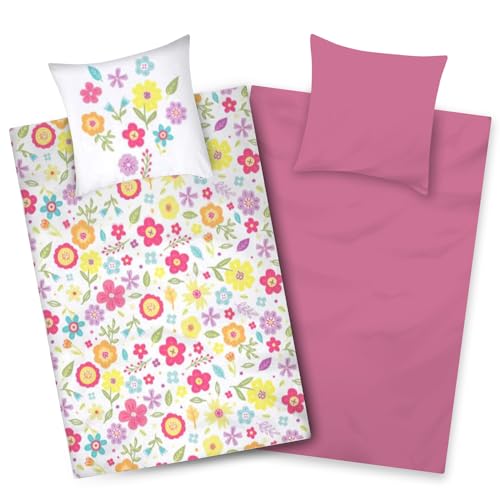 Aminata kids Mädchen Bettwäsche 135x200 Baumwolle Blumen-Motiv pink Blumenwiese Reißverschluss Wendebettwäsche