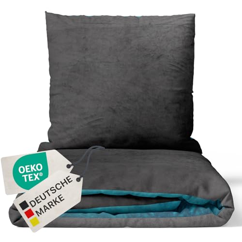 NYVI Winter Bettwäsche Set DreamScience Cashmere Touch 135x200 + 80x80 cm Anthrazit Petrol - Kuschelweich & Wärmend - Mit Reißverschluss, Oeko-TEX Zertifiziert, für Allergiker geeignet