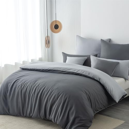 Nesture Bettwäsche 200x200 3teilig Anthrazit/Grau Bettwäsche Sets Microfaser Wendebettwäsche 200 x 200, weich & bügelfrei 1 Bettbezug + 2 Kissenbezug 80x80cm mit Reißverschluss