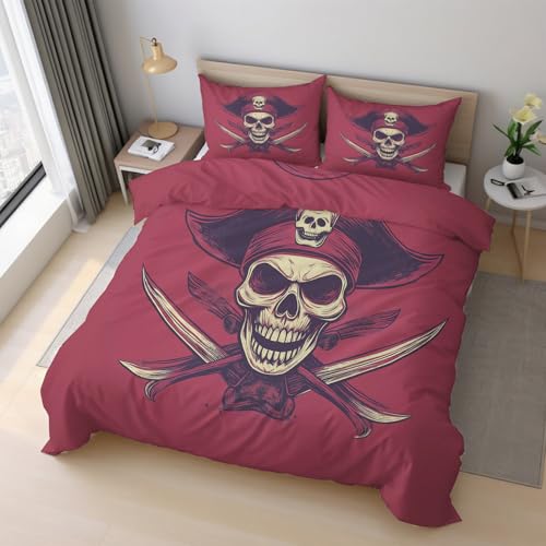 Generisch Pirat Totenkopf Bettwäsche 200x200cm, Piratenkapitän Nautisch Schädel Bettwäsche-Sets 3 Teilig, Bettbezug + 2 Kissenbezüge 80x80cm Weich Mikrofaser mit Reißverschluss 21D&-33