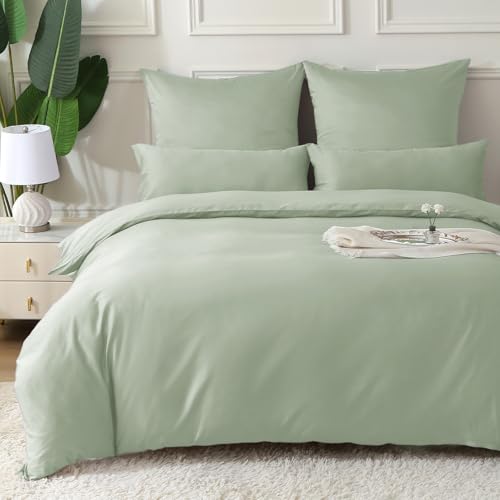 MILDLY Satin Bettwäsche 135x200 4 Teilig Baumwolle,100% Langstapelige Baumwolle Seidig Luxus Bettzeug,ÖkoTex Zertifiziert & für Allergiker Geeignet,2 Bettbezug 135x200 & 2 Kissenbezug 80x80,SalbeiGrün