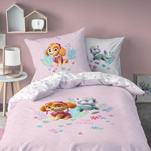 Bettwäsche 135x200 Flanell, Biber Paw Patrol Skye & Everest kuschelig weich für Herbst & Winter, 1x Kissenbezug 80x80 + Bettbezug 135x200, 100% Baumwolle, Mädchenbettwäsche