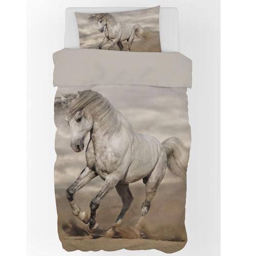 WS-Trend Pferde Bettwäsche 135x200 cm – 100% Baumwolle – 2-teiliges Set mit Kissenbezug 80x80 cm – Galoppierendes Pferd in realistischer Fotoprint-Optik – Hautfreundlich & Pflegeleicht