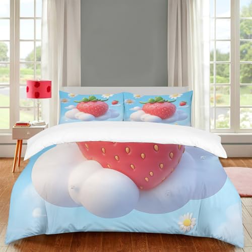 TlevadArt Bettwäsche Set 3teilig, 3D Große Erdbeere, Weiße Wolke, Kleines Gänseblümchen Muster, Bettbezug 1er + Kissenbezug 2er, Weich Bettwäsche-Sets, Mit Reißverschluss
