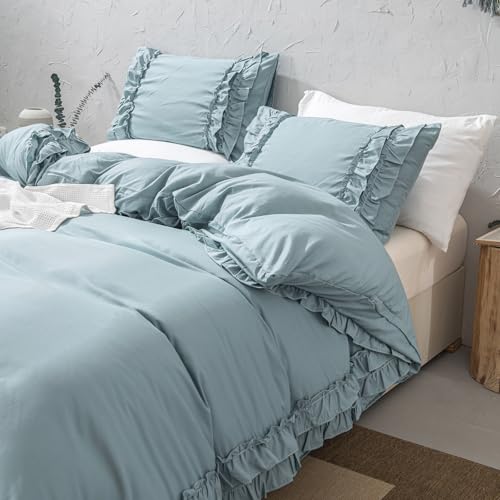 Herside Süßes Rüschen-Bettwäsche-Set, blau-graues Bettbezug-Set, Doppelbettgröße, Rüschen-Bettwäsche, weiche Mikrofaser, französischer Landhaus-Chic-Bettbezug Herside Süßes Rüschen-Bettwäsche-Set, blau-graues Bettbezug-Set, Doppelbettgröße, Rüschen-Bettwäsche, weiche Mikrofaser, französischer Landhaus-Chic-Bettbezug