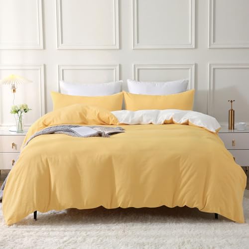 SOULFUL Bettwäsche 135x200 Baumwolle 2 Teilig, Bettwäsche-Sets Gelb mit Reißverschluss, Ähnliche Textur wie Stone Washed Leinen, Enthält 1 Bettbezug 135x200 und 1 Kissenbezug 80x80