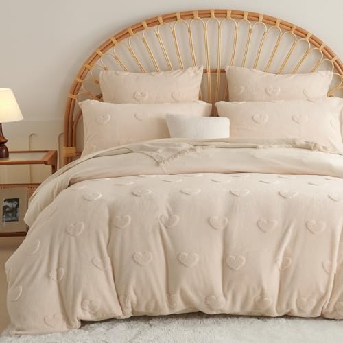 Freyamy Plüsch Bettwäsche Set 135x200cm Beige Getuftet Herz Flauschig Winterbettwäsche Flanell Coral Fleece Cashmere Touch Deckenbezug Warme Bettbezug mit Reißverschluss und 1 Kissenbezug 80x80cm