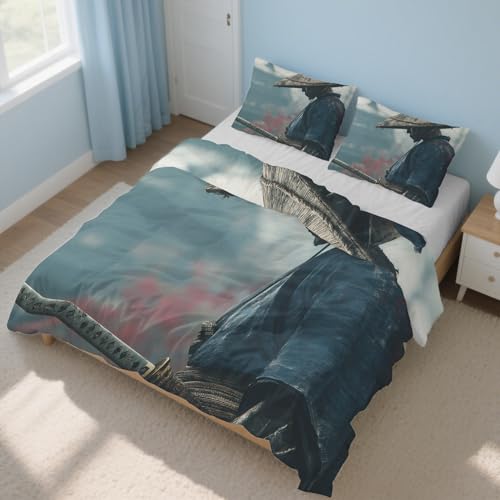Generisch Bettwäsche Japanische Samurai, Bettwäsche 220x240cm Asiatisch Orientalisch, Weiche Angenehme Mikrofaser 3 Teilig mit Reißveschluss 2 Kissenbezüge Wendebettwäsche Bettbezug Set L-52