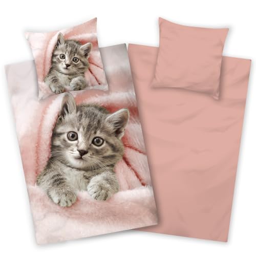 Aminata kids Bettwäsche Katze 135x200 Baumwolle Mädchen | Wende-Kinder-Bettwäsche- Set Katzen-Motiv | Katzenbaby | YKK Reißverschluss rosa niedlich