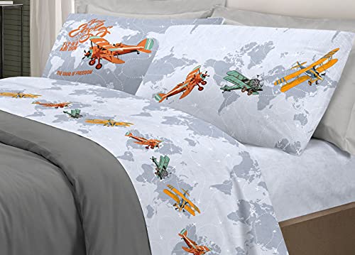 BIANCHERIAWEB Bettwäsche-Set aus der Kollektion Pensieri Delicati, 100 % Baumwolle, Motiv: Flugzeuge und französisches Bett, Grau BIANCHERIAWEB Bettwäsche-Set aus der Kollektion Pensieri Delicati, 100 % Baumwolle, Motiv: Flugzeuge und französisches Bett, Grau
