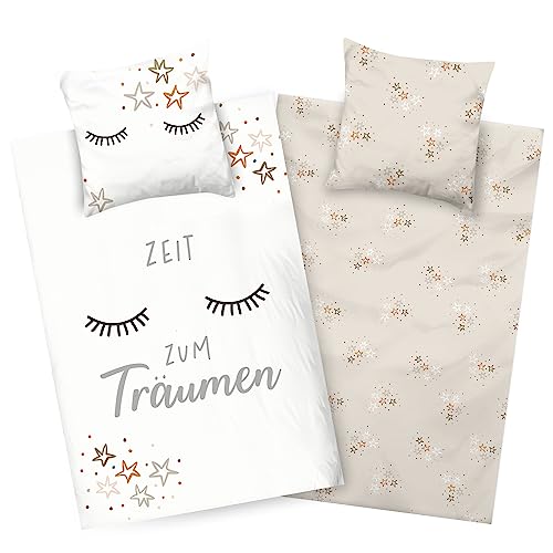 Aminata kids Bettwäsche 135x200 Sterne Wimpern Teenager Mädchen Baumwolle beige weiß | YKK Reißverschluss | Wolke Spruch - Jugendliche Kinder-Wende-Bettwäsche- Set