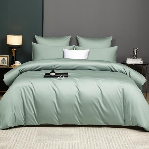 DXHOME Bettwäsche 155x220 Mako Satin Grün Salbeigrün Uni Baumwolle Lyocell Seide 300TC Öko-Tex 100 3 Teilig Bettwäsche für Einzelbett mit Reißverschluss und 2 Kissenbezüge 80x80 cm