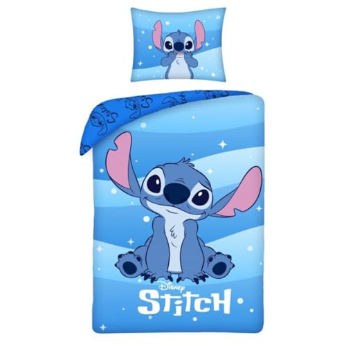 Disney Stitch – Bettwäsche-Set für Einzelbett, wendbar, 140 x 200 cm und Kissenbezug 70 x 90 cm, Blau, 100 % Baumwolle, OEKO-TEX