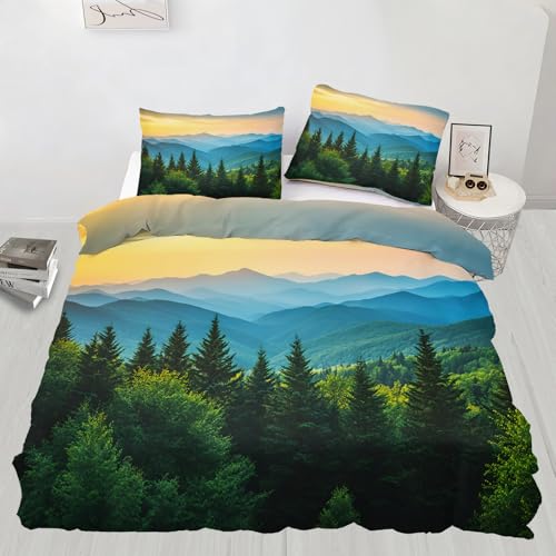Mountain Twilight Bettbezug-Set, Super-King-Size-Bett, Bergketten, Wald, Bettwäsche-Set mit 2 Kissenbezügen, natürliche Landschaft, atmungsaktiv, ideal für alle Jahreszeiten (260 x 220 cm)