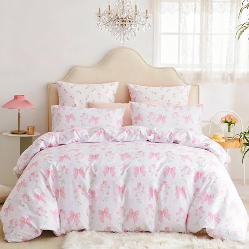 Tospass Blumen Bettwäsche 135x200cm Weiß Rosa Floral Schleife Bettwäsche Set Fliege Mädchen Mikrofaser Bettbezug 1 Deckenbezug mit Reißverschluss und 1 Kissenbezug 80x80cm