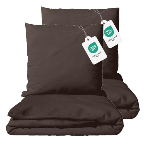 Class Home Collection Bettwäsche 135x200 Baumwolle 4 teilig Renforce Bettwäsche-Set mit Reißverschluss Uni Braun