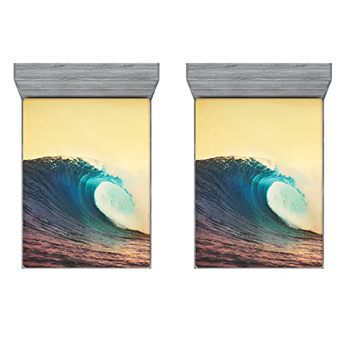 ABAKUHAUS Ozean 2er-Satz Spannbetttuch, Sonnenuntergang in den warmen Farben, Soft Dekorativer Stoff Bettwäsche Rund-um Elastischer Gummizug, 120 cm x 190 cm, Türkis Gelb Braun