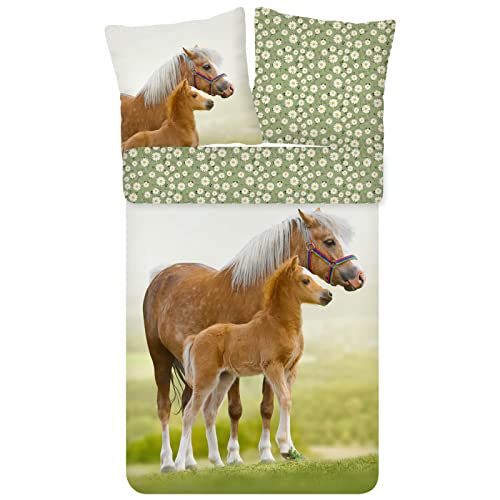 ESPiCO Bettwäsche Trendy Bedding Pferd Pony Fohlen Haflinger Koppel Blumen Blümchen Grün Braun Renforcé, Größe:135 cm x 200 cm