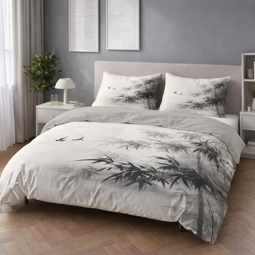 Grau Bettwäsche Set (200 x 220) - Flauschige Hell Bettwäsche - Atmungsaktiv Warm Hautfreundlich - Weiche Bettwäsche - Mit Reißverschluss - Minimalistisch Orientalisch Bambus Schwalbe