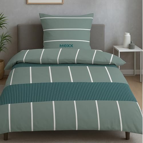 Familando MEXX Bettwäsche Set 135x200 80x80 cm aus 100% Baumwolle mit Reißverschluss · Jugendbettwäsche einfarbig gestreift · Bettwäsche Set 2-teilig Unisex (Salbei)
