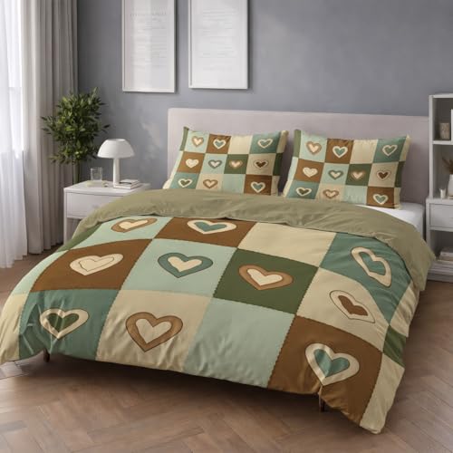 Bettwäsche 155 x 220 cm Vintage 3-Teilig, Bettbezug Braun Beige Minimalistisch Kariertes Muster Herz Weiche Angenehm Mikrofaser Wendebettwäsche-Sets mit Reißverschluss - Deckenbezug mit 2 Kissenbezüge