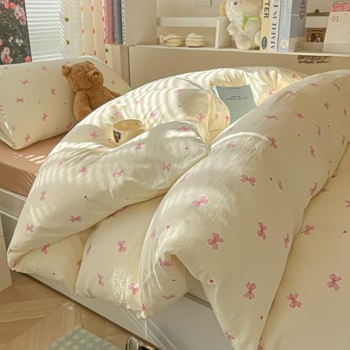 Covebett Bettwäsche 135x200 Beige mit Rosa Schleifen Mädchen Bettbezug Set Rosa Herzen Schleifenmuster Kawaii Gewaschene Microfaser Einzelbett Deckenbezug Reißverschluss und Kissenbezug 80x80cm