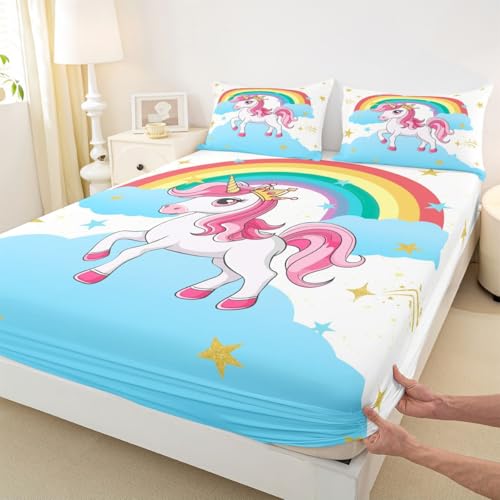 feelingyou Einhorn Einbaublech M Größe Regenbogenwolkengalaxie Bettdeckung 2pcs Blaue Träumige Prinzessin Stil Bettwäsche Set für Kinder