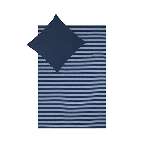 Traumschlaf Jersey Melange Wendebettwäsche Blau • Streifen & Uni • 100?% Baumwolle • Ganzjahresbettwäsche hautsympathisch & bügelleicht • 135x200 cm + 80x80 cm