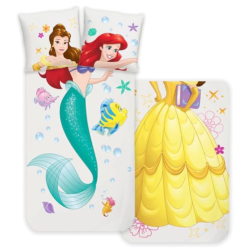 Disney Princess Wende Bettwäsche Suit-Up Arielle und Belle 2 Motive 135 x 200 cm + 80 x 80 cm 100% Baumwolle in Renforcé-Linon-Qualität YKK-Die Arielle die Meerjungfrau Die Schöne und das Biest