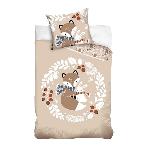 MTOnlinehandel Kinder Bettwäsche Set 135x200 80x80 cm · Fuchs & Hase Herbst Motiv · 100% Baumwolle mit YKK Reißverschluss · sanft, weich für Mädchen und Jungen