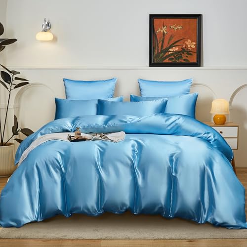 YASMENG Satin Bettwäsche 220x240 Hellblau Uni Einfarbig Satin Bettwäsche Glänzend Glatt Deluxe Bettbezug Set Weich Seidig Seide Bettwäsche 3 Teilig mit Reißverschluss und 2 Kissenbezüge 80x80 cm