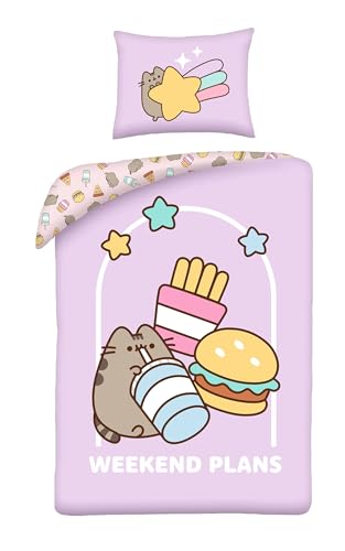 Halantex Bettwäsche-Set PUSHEEN die Katze WEEKEND PLANS - Bettbezug 140 x 200 cm mit Kissenbezug 70 x 90 cm - Mikrofaser - Violett