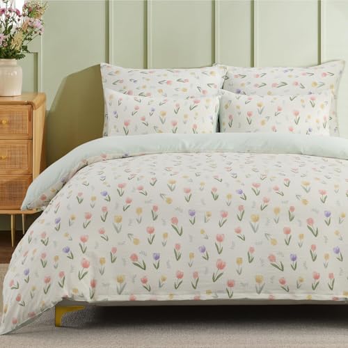 Gezu Blumen Bettwäsche 135x200cm Grün Romantisch Blümchen Bettwäsche Tulpe Damen Mädchen 2 Teilig Bettbezug Set Romantisch Weich mit Reißverschluss und 1 Kissenbezug 80x80cm Wendebettwäsche Einzelbett