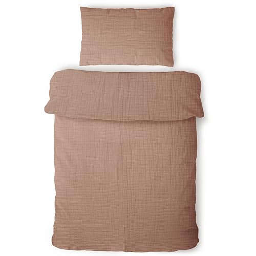 LAYNENBURG Musselin Kinderbettwäsche 100x135 cm + 40x60 cm – 100% Baumwolle – Oeko-Tex Standard – 3 lagiges Musselin Bettwäsche Set für Baby, Kinder, Jungen & Mädchen (braun)