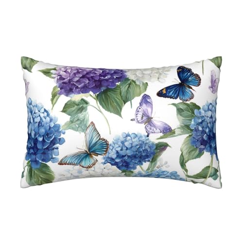 Satin-Kissenbezug, Hortensien, Schmetterling, seidige Kissenbezüge für Haar und Haut, mit Reißverschluss, Aquarell-Blume, kühlender Kissenbezug für Bettwäsche, Wohnzimmer, Sofa, 50 x 75 cm