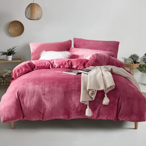 YASMENG Bettbezug aus Flanell, 220 x 240 cm, Winter, warm, Weinrot, Velours, Molker-Bettwäsche, weich, flauschig, für Doppelbett, mit Reißverschluss und Kissenbezügen, 65 x 65 cm