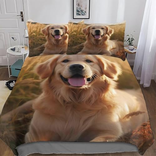 TACOKI Golden Retriever Bettwäsche 140x200 Golden Retriever Bettwäsche Set, 3D Muster Wendebettwäsche Bettbezug 3-teilig Weich Cozy Mikrofaser Bettbezüge + 2 Kissenbezüge 80x80 cm 6980a