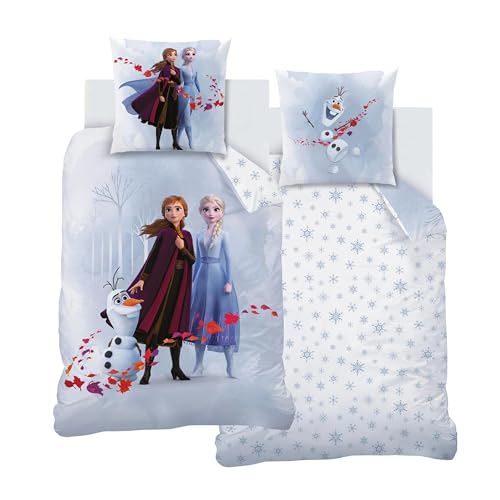 MTOnlinehandel Bettwäsche 135x200 Flanell, Biber Mädchen, Eiskönigin Anna ELSA & Olaf, kuschelig weich für Winter, 1x Kissenbezug 80x80 + Bettbezug 135x200, 100% Baumwolle, Frozen