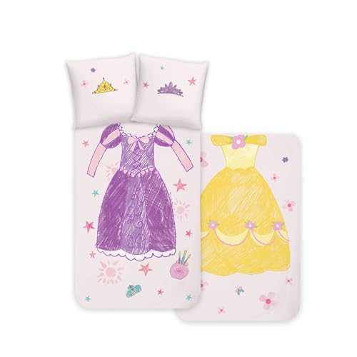 Disney Home Princess Bettwäsche-Set für Kinder - Prinzessin Belle und Rapunzel - wendbar, mit Reißverschluss, 100% Renforce Baumwolle - 2-teilig - Deckenbezug 135 x 200 cm, Kissenbezug 80 x 80 cm