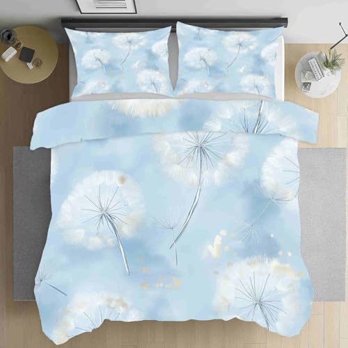Dppyuxa Geblümt Pusteblume Bettwäsche 180x200 Set Botanisch Pflanze Deckenbezug Weich Atmungsaktiv Microfaser Natur Himmel Bettbezüge mit Reißverschluss 80x80 cm Kissenbezug x2