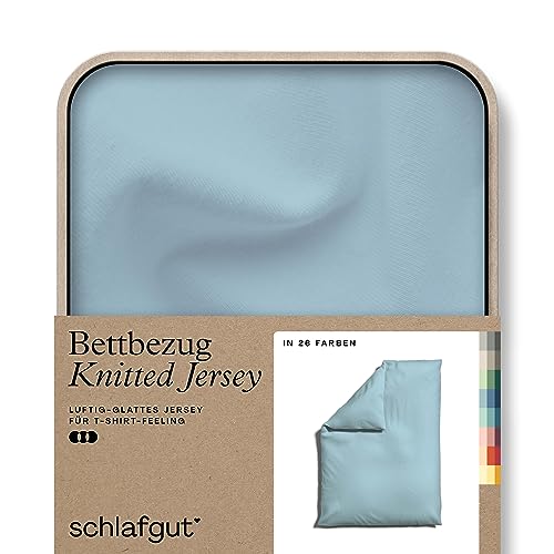 schlafgut Knitted Jersey Bettwäsche 135-140x200cm Bettdecke Bezug einzeln, Blue Light Uni, weich und faltenfrei mit Elasthan