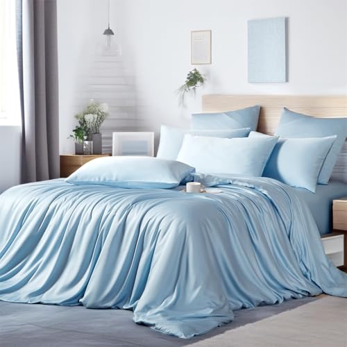 Boqingzhu Bambus Bettwäsche 135x200cm Blau Himmelblau Uni Einfarbig Einzelbett Luxus Lyocell Seide Bettwäsche Set Bettbezug mit Reißverschluss und Kissenbezug 80x80cm