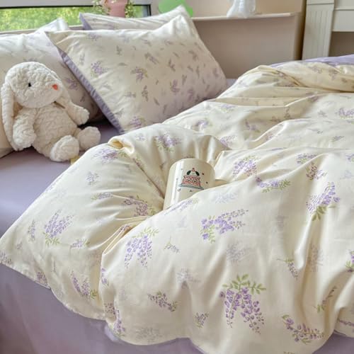 Freyamy Blumen Bettwäsche Set 135x200cm 4teilig Weiß Lila Violett Grün Floral Blätter Pflanzen Wendebettwäsche Microfaser Mädchen Bettbezug 2 Deckenbezug mit Reißverschluss und 2 Kissenbezug 80x80cm
