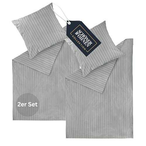 SCHÖNER WOHNEN Flanell Bettwäsche 135x200 Baumwolle Grau - Luxus kuschelige warme Flauschige Bettwäsche-Sets 4teilig Öko - 2 Bettwäschebezüge und 2 Kopfkissenbezüge 80x80cm - Herbst & Winter