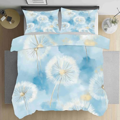 Dppyuxa Geblümt Pusteblume Bettwäsche 180x200 Set Botanisch Pflanze Deckenbezug Weich Atmungsaktiv Microfaser Natur Himmel Bettbezüge mit Reißverschluss 80x80 cm Kissenbezug x2