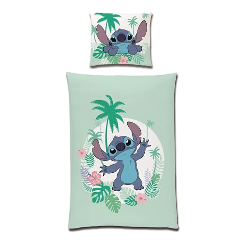 Familando Lilo und Stitch Bettwäsche für Mädchen in 135x200 80x80cm · Kinderbettwäsche aus 100% Baumwolle mit Reißverschluss · Bettwäsche Set mit Stitch Motiv Aloha (Türkis)
