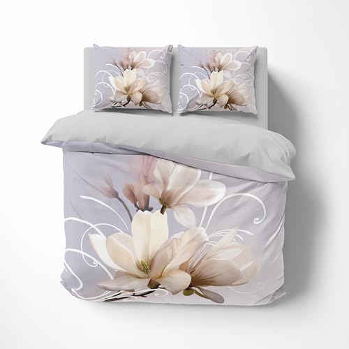 FEBE 3D Bettwäsche Magnolia Blume Bettbezug-Set 135x200 + Kissenbezug 80x80 cm Wendebettwäsche 2 Teilig mit Reißveschluss